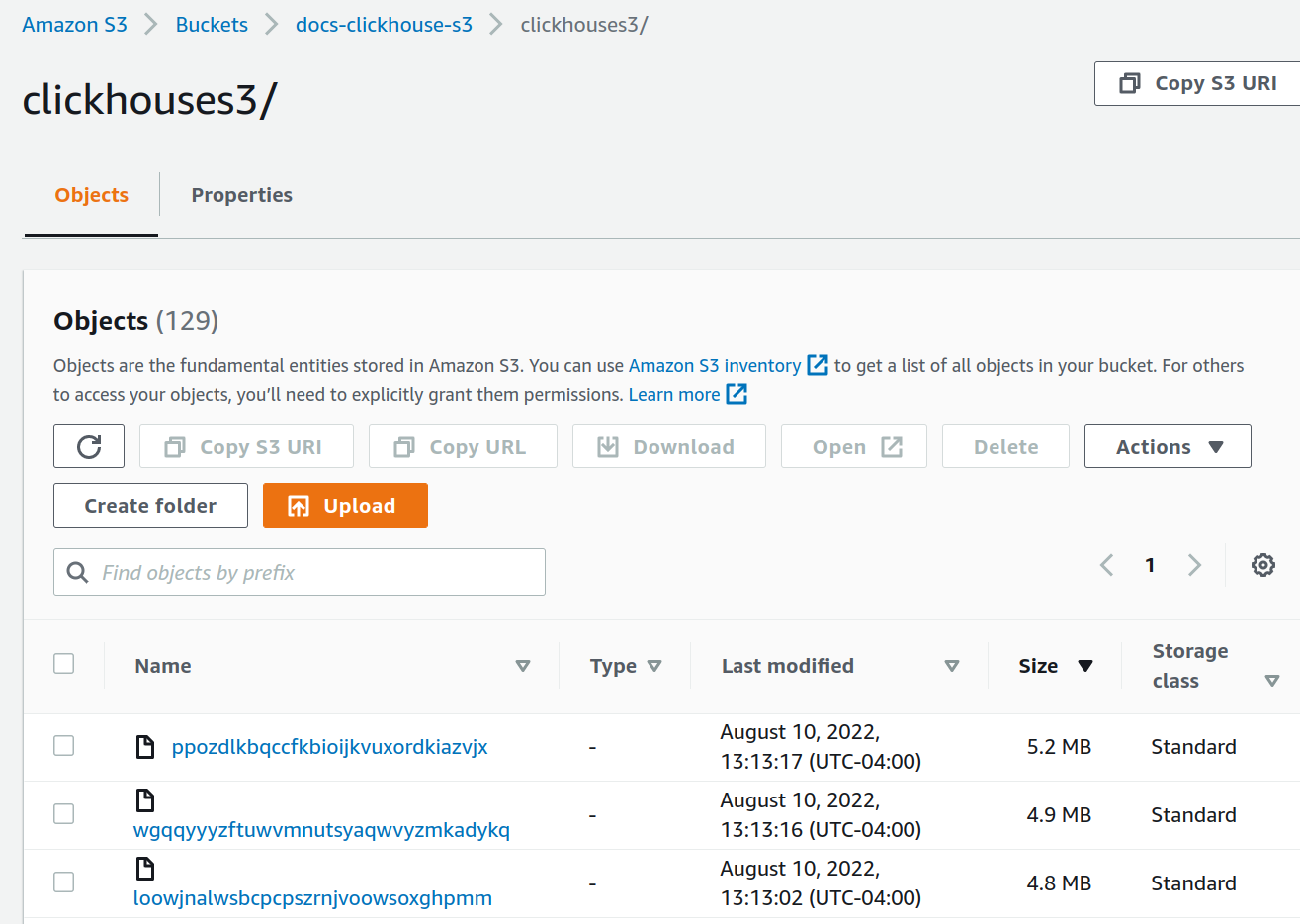 Size of data in first S3 bucket showing storage usage metrics