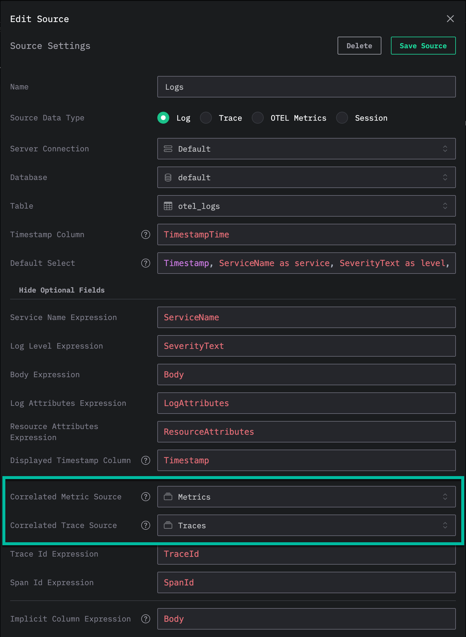 Источник HyperDX с настроенной корреляцией